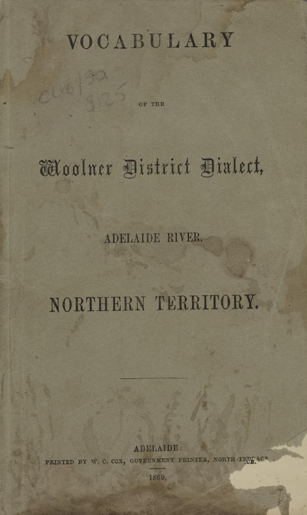 Water-stained front cover of Vocabulary of the Woolner District Dialect, published 1869.