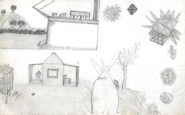 A boab tree and bunkhouse scene. An inset with a moving ship is featured.