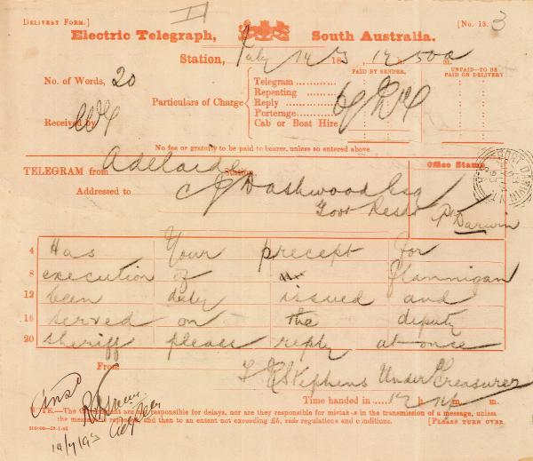 Telegram message handwritten on a template headed ‘Electric Telegraph, South Australia’. 