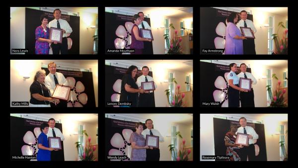 Nine photographs in a grid depicting women receiving awards.