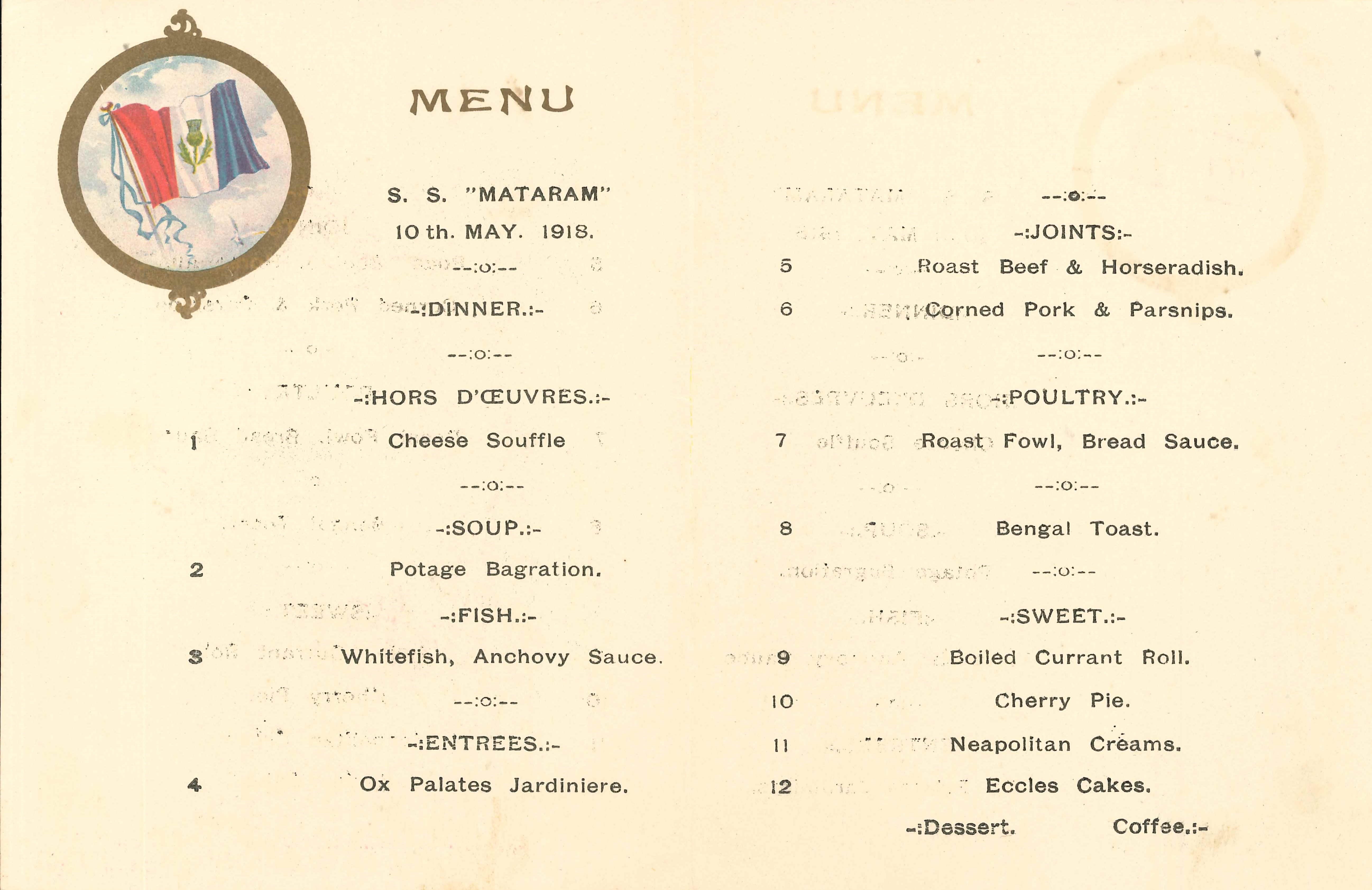 Picture of the SS Mataram dinner menu for 10 May 1918, featuring eight courses.