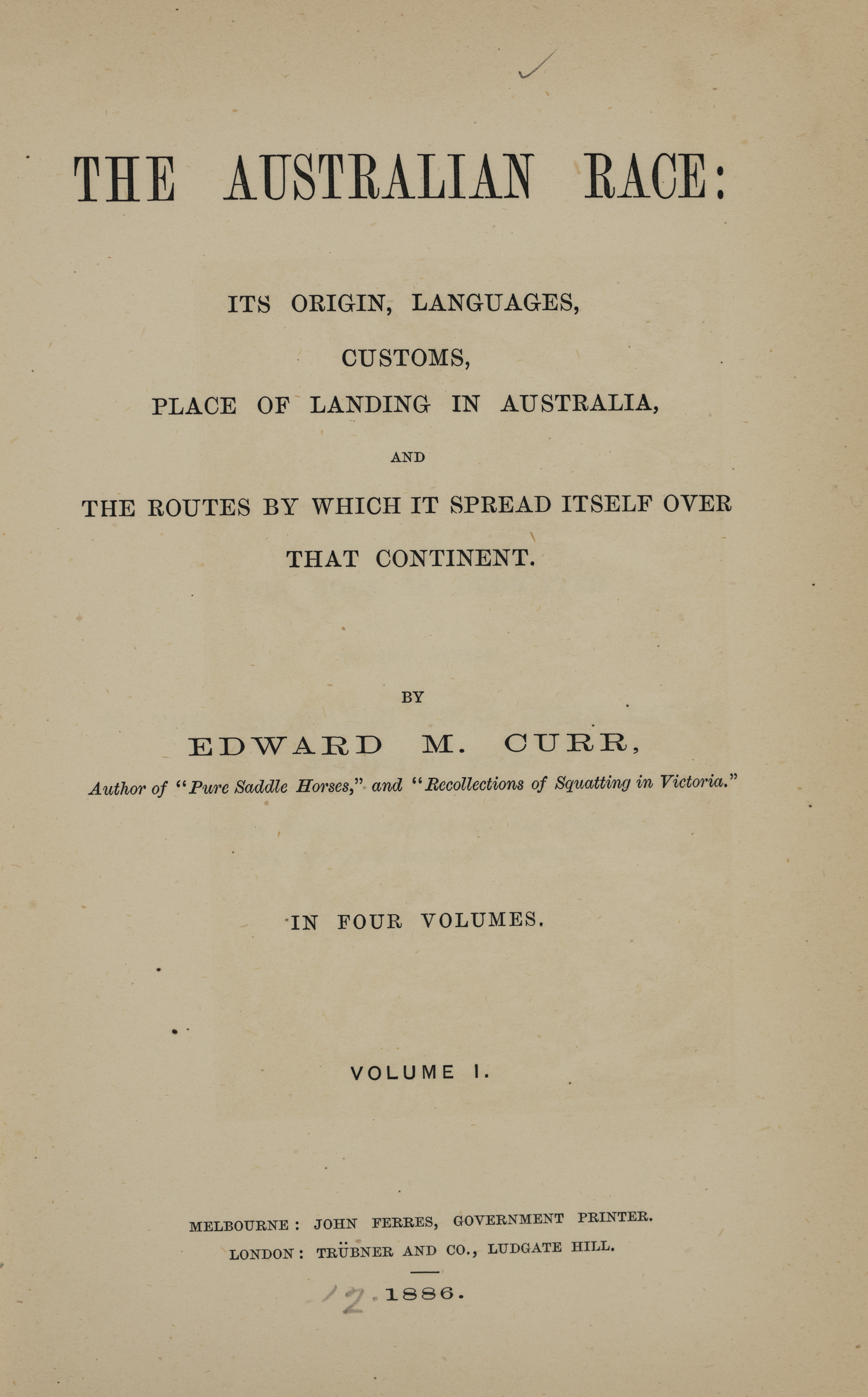 Title page for book The Australian Race published 1886.