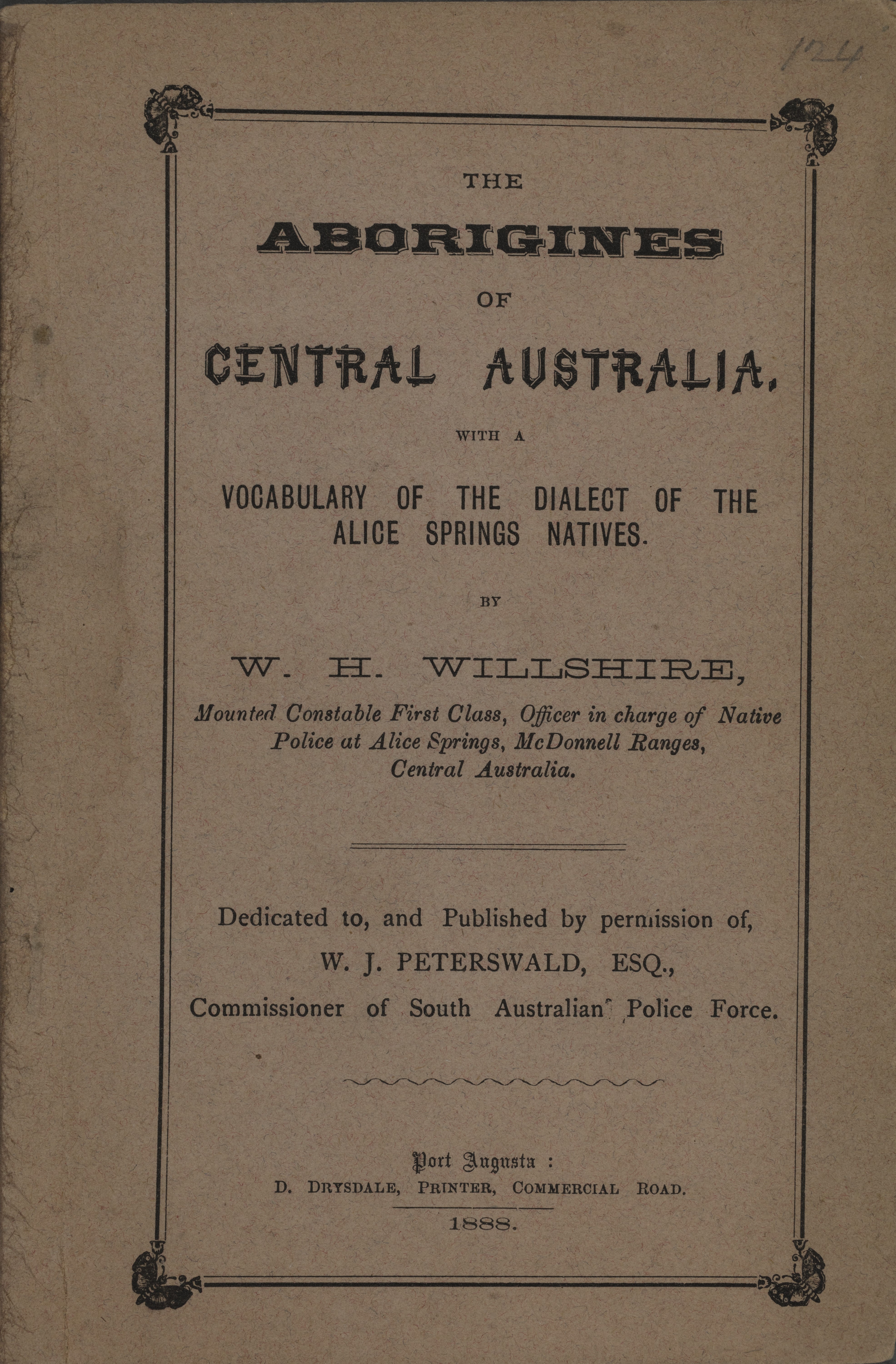 Title page for book The Aborigines of Centre Australia published in 1888.